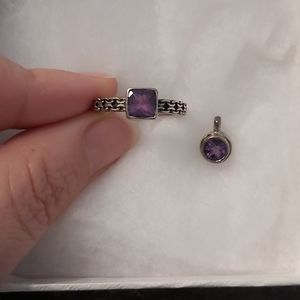 Silver and amethyst ring and pendant set